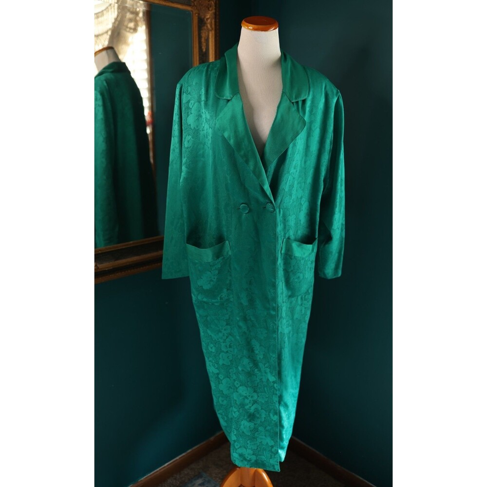 Vintage Cabernet Emarald Green Satin Floral Button Nightgown Dress Oversize S